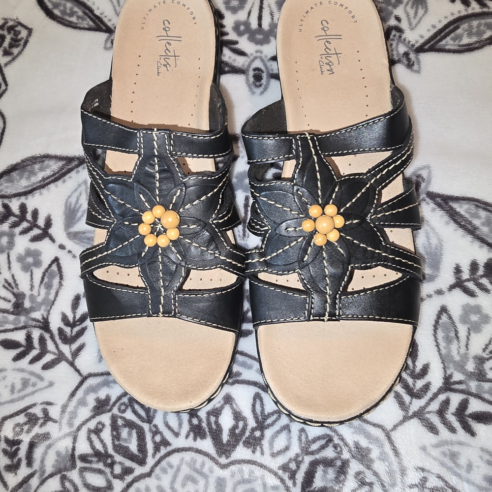 Clarks Black Sandals with Yellow Floral Accent